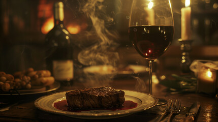 dinner with wine and a crockett beef steak, in the style of moody neo-noir, terracotta, sfumato, rich and immersive, letras y figuras, whistlerian, tonal palette - obrazy, fototapety, plakaty