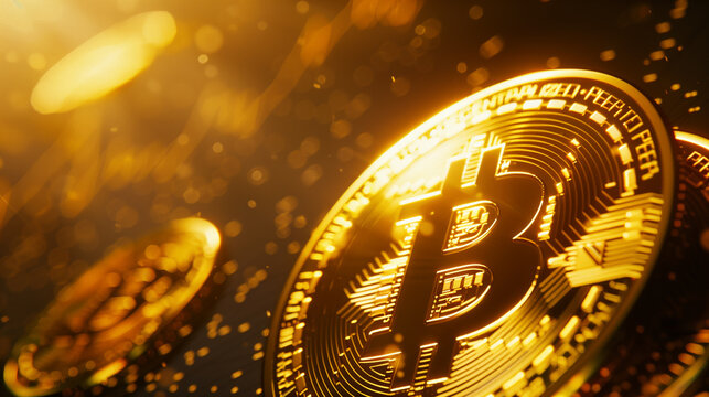 Bitcoin gold coin and gold bokeh background