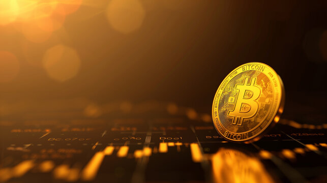Bitcoin gold coin and gold bokeh background