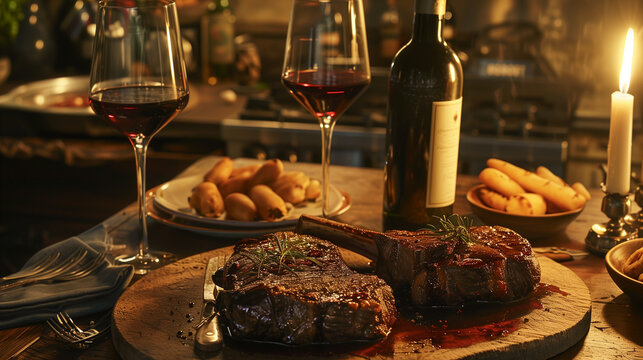 dinner with wine and a crockett beef steak, in the style of moody neo-noir, terracotta, sfumato, rich and immersive, letras y figuras, whistlerian, tonal palette