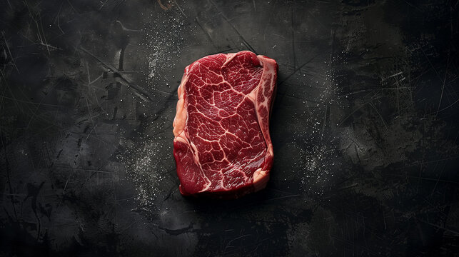 100 days grain fed australian beef ribeye steak cut, ultra define and real, with focus on texture, product visual view, flat lay view, dark and moody, minimalist background
