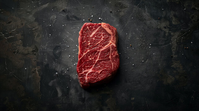 100 days grain fed australian beef ribeye steak cut, ultra define and real, with focus on texture, product visual view, flat lay view, dark and moody, minimalist background