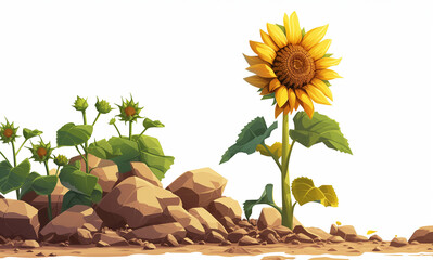 A bright yellow sunflower with green leaves stands out against a clean white background.