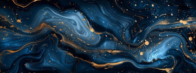 Abstract blue and gold marble background, fluid liquid art with swirling patterns of dark navy blue and shimmering golden hues.