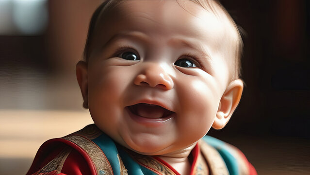 Portrait cute mongoloid baby smile in natural light. Close up beauty asian infant face