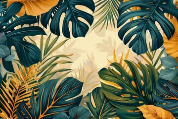 Fototapeta na wymiar Vibrant Tropical Leaves Background, Exotic Botanical Wallpaper Design with Lush Greenery and Foliage