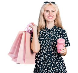Young caucasian woman holding shopping bags and coffee smiling with a happy and cool smile on face. showing teeth.
