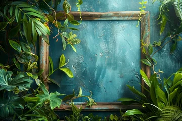 Fotobehang Vintage Wooden Picture Frame Surrounded by Lush Green Foliage on a Textured Blue Background © pisan