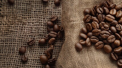 Coffee beans scattered on a burlap sack, evoking the earthy essence of freshly roasted brew. 