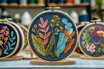 Colorful Hand Embroidery Floral Patterns Displayed on Hoops at Artisan Craft Workshop