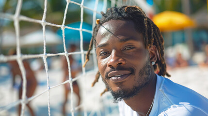 Photo of a man near a volleyball net. Inclusive beach volleyball.