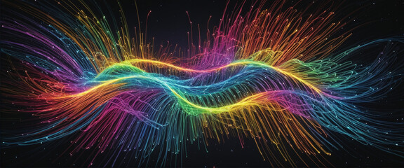 Spark like network grid. Network structure changing from moment to moment like an electric spark. Rainbow like colorful sparks or arcs forming a network colorful background - obrazy, fototapety, plakaty
