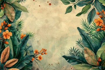Vintage Botanical Background with Tropical Leaves and Orange Flowers on Old Paper Texture