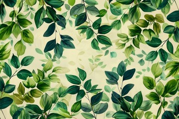 Seamless botanical pattern with various green leaves on a light vintage background, natural leaf wallpaper design