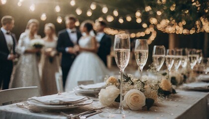 Przyjęcie weselne. Stół z zastawą stołową i kieliszkami szampana, w tle goście weselni - obrazy, fototapety, plakaty