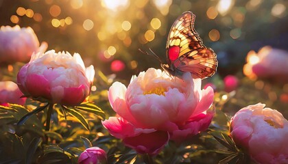 Obraz premium Letni ogród z piwoniami i motylami