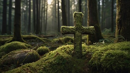 Marvel at the poignant beauty of the cotton cross, entwined with moss, a humble testament to nature's enduring embrace in the forest. - obrazy, fototapety, plakaty