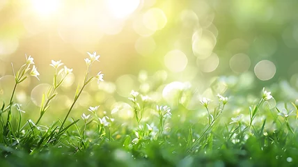 Fotobehang White flowers on a green meadow in sunlight, spring background postcard © kichigin19