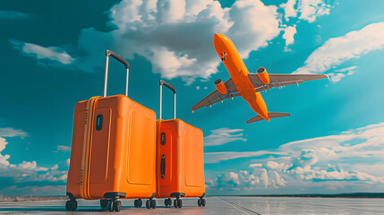 2 valises orange moderne en premier plan avec un ciel bleu et un avion dns le ciel en arrière plan - obrazy, fototapety, plakaty