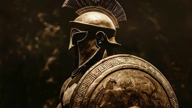 An ancient Spartan warrior stands in profile, clad in heavy armor. A crest adorns the helmet, highlighting the fierce determination etched in his expression. 