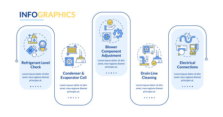 Air conditioning inspection blue rectangle infographic template. Data visualization with 5 steps. Editable timeline info chart. Workflow layout with line icons. Lato-Bold, Regular fonts used