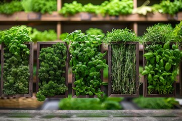 Fototapeta premium Lush Green Vertical Garden Planters with Variety of Fresh Herbs and Leafy Vegetables for Urban Gardening