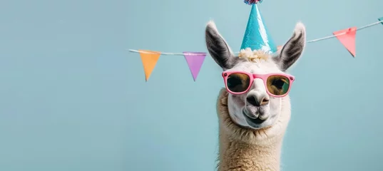 Photo sur Plexiglas Lama llama wearing sunglasses and a party hat on a blue background with confetti. Web banner with empty space on the right in the style of copyspace. Banner for birthday card design. Happy smiling llama