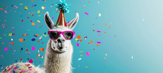 llama wearing sunglasses and a party hat on a blue background with confetti. Web banner with empty space on the right in the style of copyspace. Banner for birthday card design. Happy smiling llama