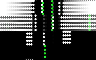 The black and white abstract background displays a row of parallel hexagonal shapes