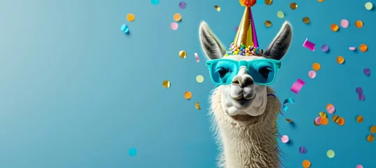Rugzak llama wearing sunglasses and a party hat on a blue background with confetti. Web banner with empty space on the right in the style of copyspace. Banner for birthday card design. Happy smiling llama © Sabina Gahramanova