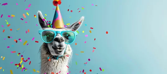 Küchenrückwand glas motiv llama wearing sunglasses and a party hat on a blue background with confetti. Web banner with empty space on the right in the style of copyspace. Banner for birthday card design. Happy smiling llama © Sabina Gahramanova