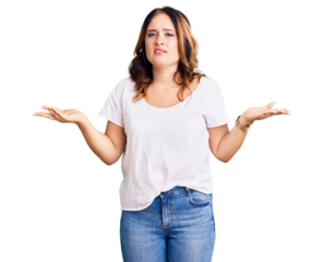 Young beautiful caucasian woman wearing casual white tshirt clueless and confused with open arms, no idea concept.