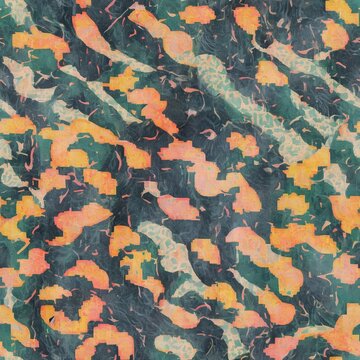 seamless pattern of dark green pixel camouflage with elements of orange