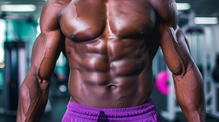 American fitness model torso in purple top with well defined abdominal muscles
