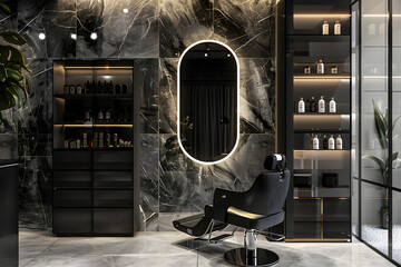 A modern and luxurious black marble hair salon with an oval mirror, high-end shelves for bottles of shampoo on the sides of the wall and an elegant black barber chair, all surrounded by soft lighting. - obrazy, fototapety, plakaty