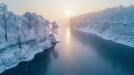 Warm sunsets illuminate snowy forests and partially frozen lakes, creating a magical and peaceful atmosphere in winter. - obrazy, fototapety, plakaty