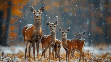 Three mottled deer stood alert in a meadow covered in light snow, with snowflakes falling gently around them. - Powered by Adobe