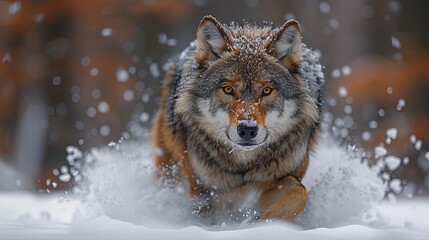 An imposing gray wolf sprints across a snowy landscape, with snow splashing around it showing movement and energy.