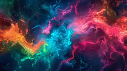 Fotobehang An abstract, fluid art background with vibrant swirls of colors blue, pink, and green intermingling to create a dynamic and energetic effect. © Riz
