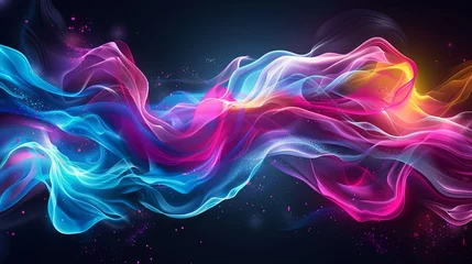 Fotobehang An abstract digital art piece that captures the serene movement of wavy lines in neon blue and pink, ideal for futuristic-themed backgrounds © Riz