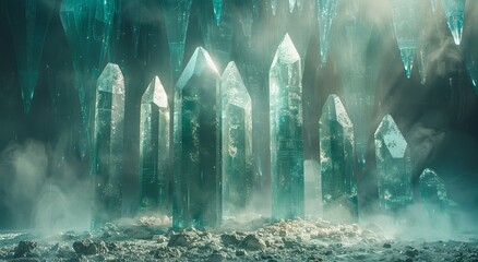towering green crystal formations enveloped in a misty cavern atmosphere, perfect for fantasy and science fiction visuals, game backgrounds