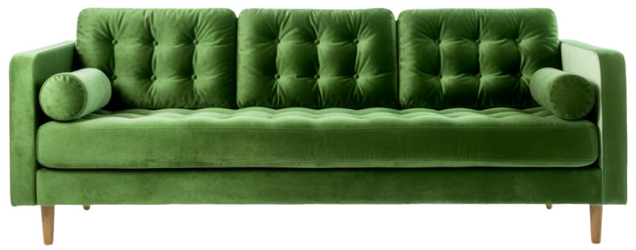 Green sofa in frontal view with transparent background