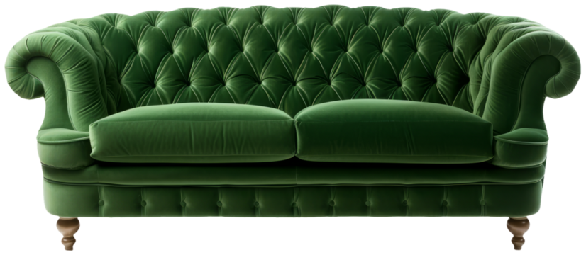 Green sofa in frontal view with transparent background