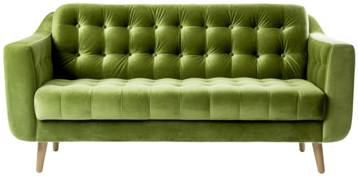 Green sofa in frontal view with transparent background