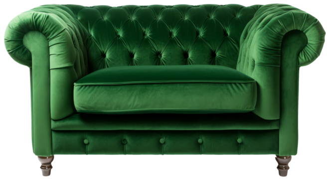 Green sofa in frontal view with transparent background - Powered by Adobe