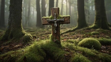 Behold the gentle majesty of the cotton cross, embraced by moss, casting a tranquil aura in the...