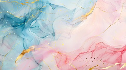 Abstract watercolor paint background illustration - Soft pastel pink blue color and golden lines, with liquid fluid marbled paper texture banner texture,natural 