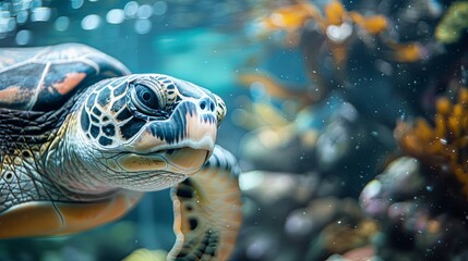 A sea turtle enjoying its aquatic and beach life Animals reptilian of the ocean background - Closeup of sea turtle underwater photography portrait. water diving holiday coral reef swimming snorkeling
