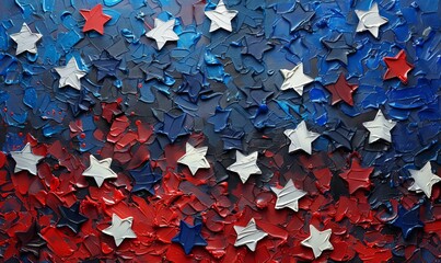 Textured oil stars on oil painted background in red and blue colors, USA flag concept. Template for United States of America national holidays banner.