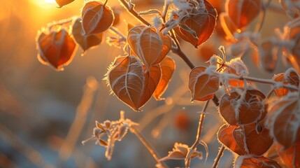 A serene winter landscape with frozen physalis plants, capturing the beauty of nature's icy touch. 